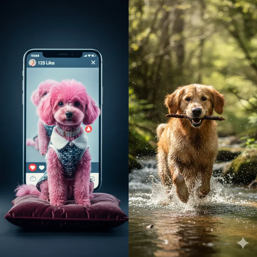 photo divisée en 2 ; à gauche : un caniche toiletté en rose qui sort d'un écran de tél. A droite un golden qui court dans la nature