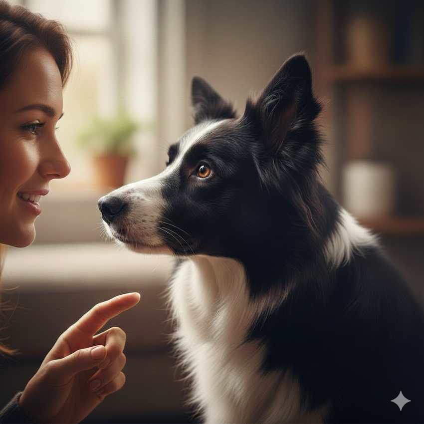 une femme parle à son border collie très attentif